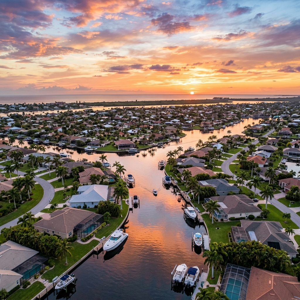 Cape Coral Waterfront Canals at Sunset