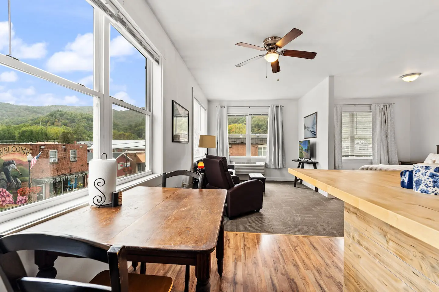 Renovated luxury loft bedroom above the tavern