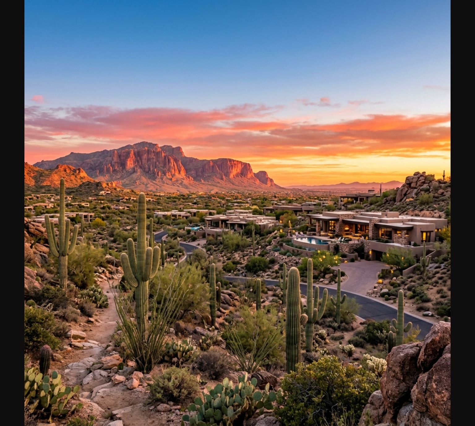Scottsdale Arizona desert sunset with saguaro cacti and luxury homes
