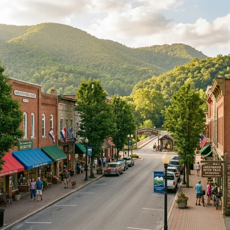 Downtown Marlinton, WV — walkable shops and Greenbrier River Trail